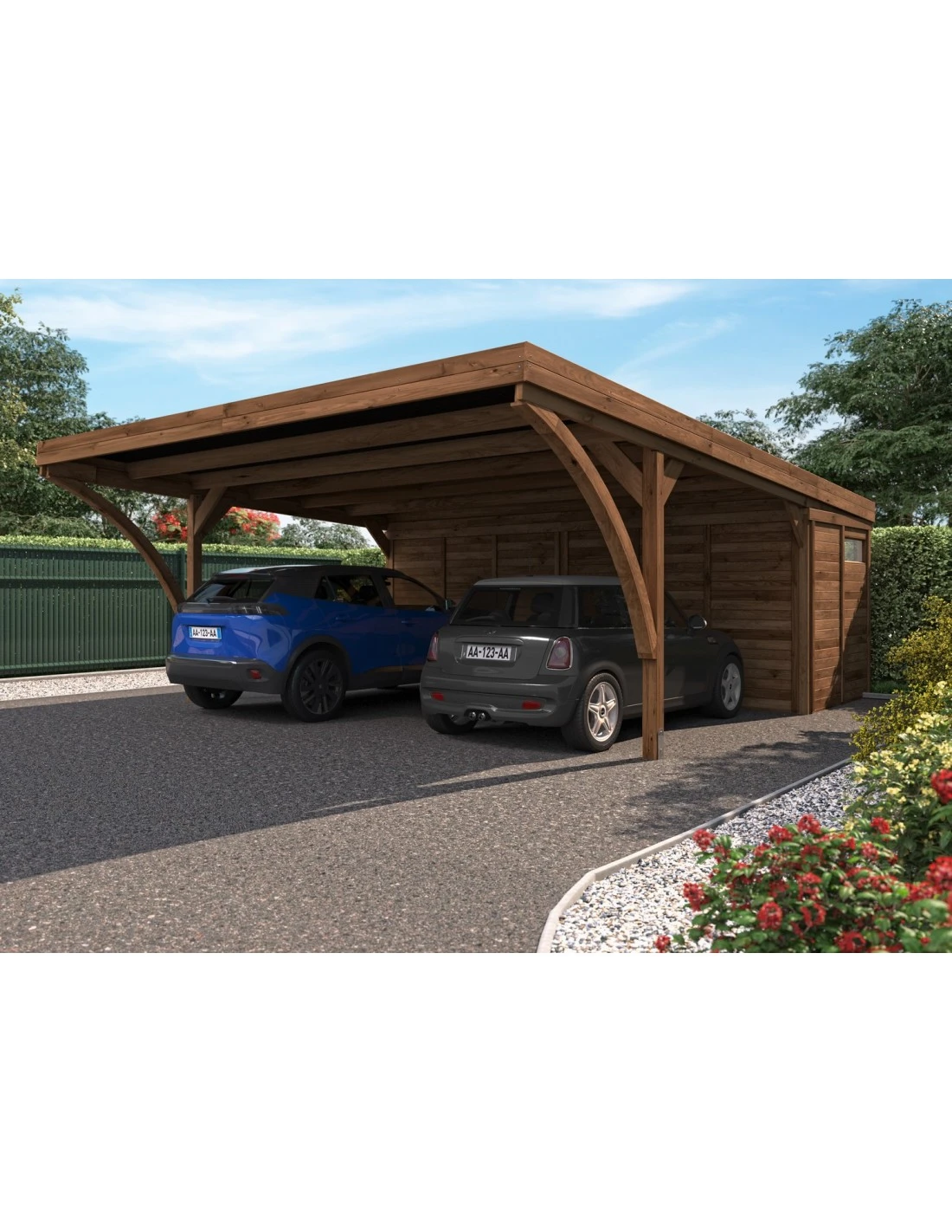 Carport Double LEON Traité Autoclave Teinté Marron De 28.4 M² Avec Annexe 3 Carport Double LEON Traité Autoclave Teinté Marron De 28.4 M² Avec Annexe