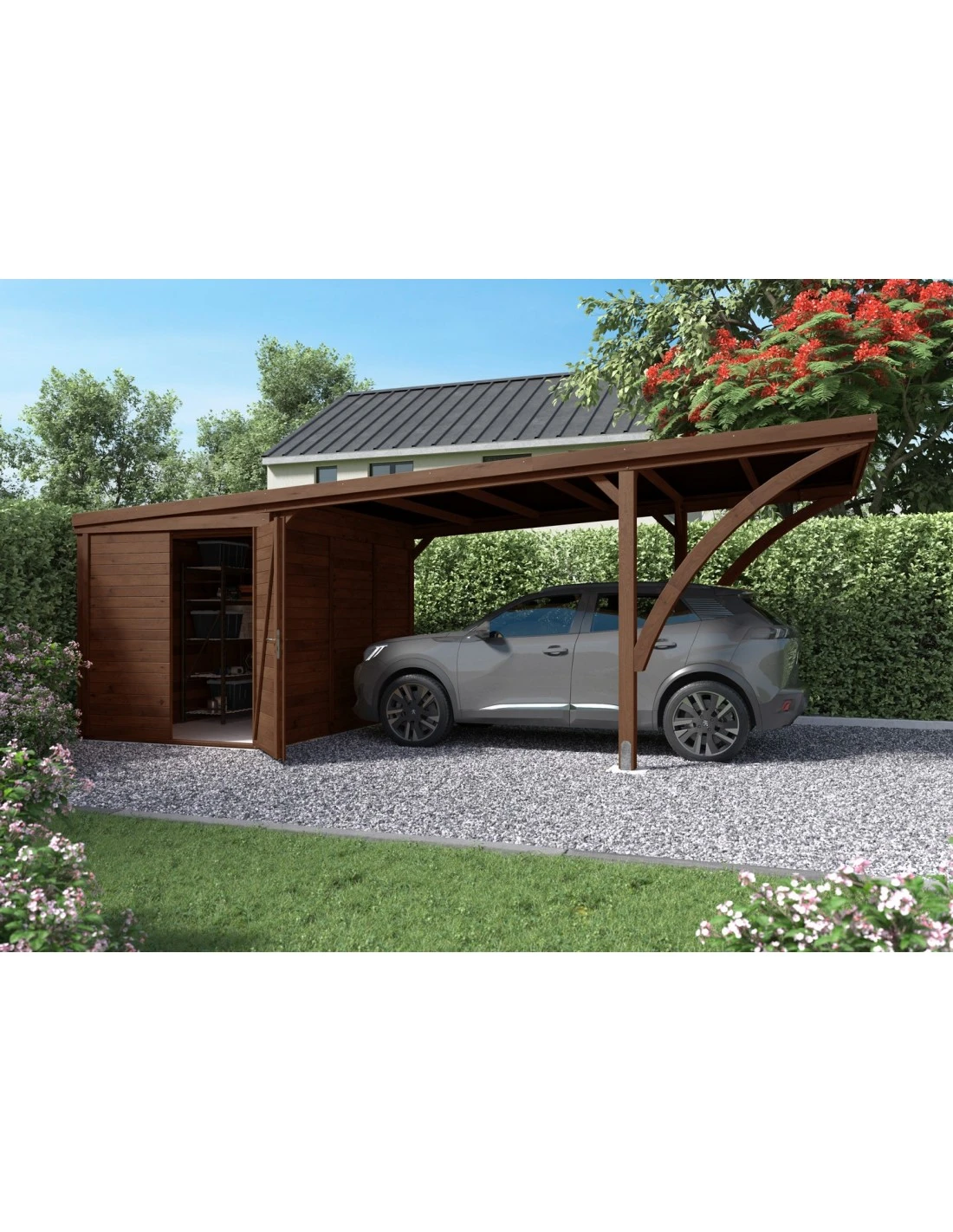 Carport LEON Traité Autoclave Teinté Marron De 16+7 M² 4 Carport LEON Traité Autoclave Teinté Marron De 16+7 M² – Image 2