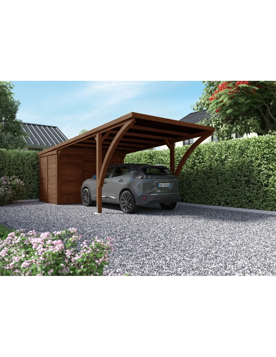 Carport LEON Traité Autoclave Teinté Marron De 16+7 M² 3 Carport LEON Traité Autoclave Teinté Marron De 16+7 M²